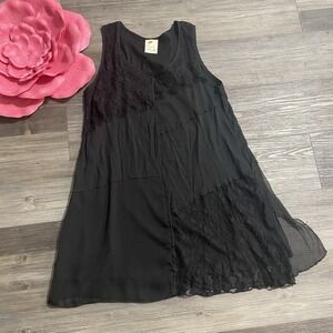 VTG PRETTY ANGEL Sz M Black Lace Trim Side Slits Tunic Top Whimsigoth Patchwork